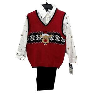 Izod Boys 3 Piece Reindeer Outfit Pants Shirt & Sweater Vest 2T NWT